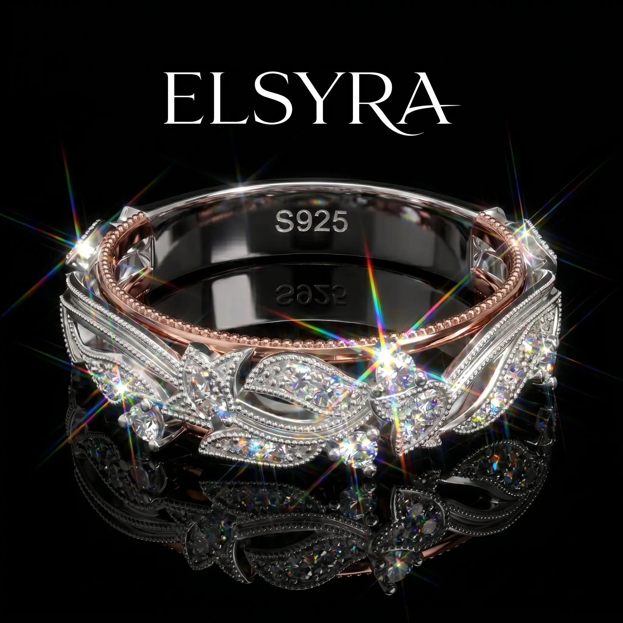 S925 Sterling Silver Ring With Openwork Ring for Women,Rose Golden Round Engagement Ring White band, Anniversary Promise Rings wedding,Design Unisex Jewelry, Suitable for Everyday Wear Gift for Birthday or Mother's Day