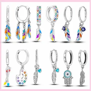 925 Silver Colorful Feathers Drop Earrings Dream Catcher Bohemia Asymmetry Dangle Earrings Original Wedding Jewelry For Women