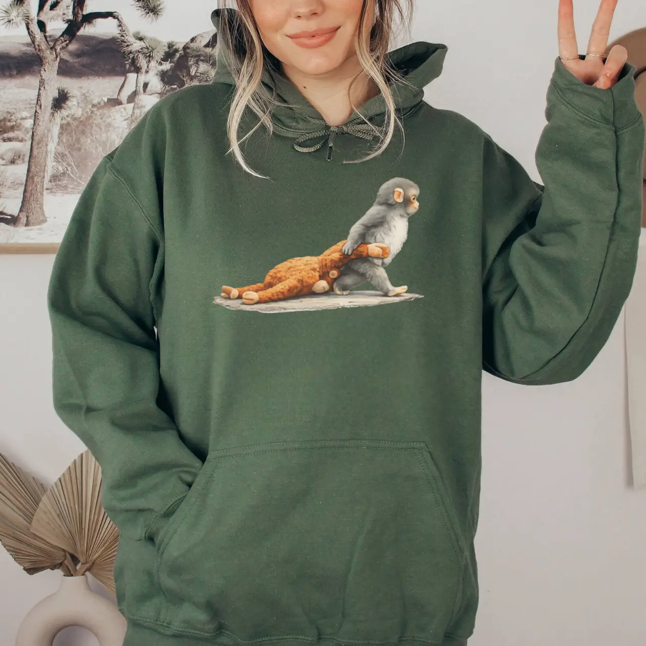 Women's Monkey Punch Graphic Long Sleeve Slim Fit Hoodie, Baby Monkey Holding Plush Toy Design, Animal Lover Gift, Cute Trendy Emotional Top