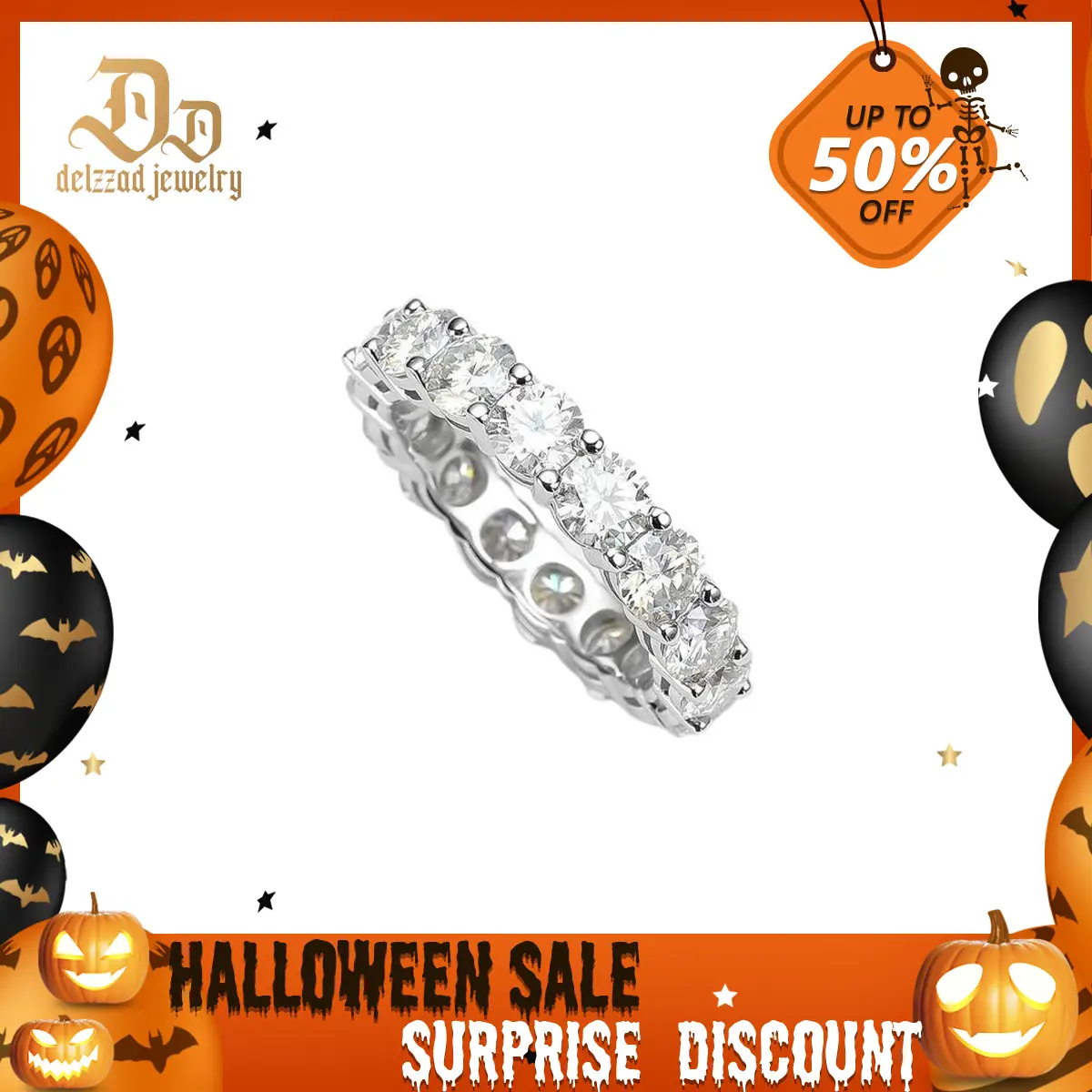 Delzzad S925 Round VVS Synthetic Moissanite Prong Eternity Wedding Ring Band