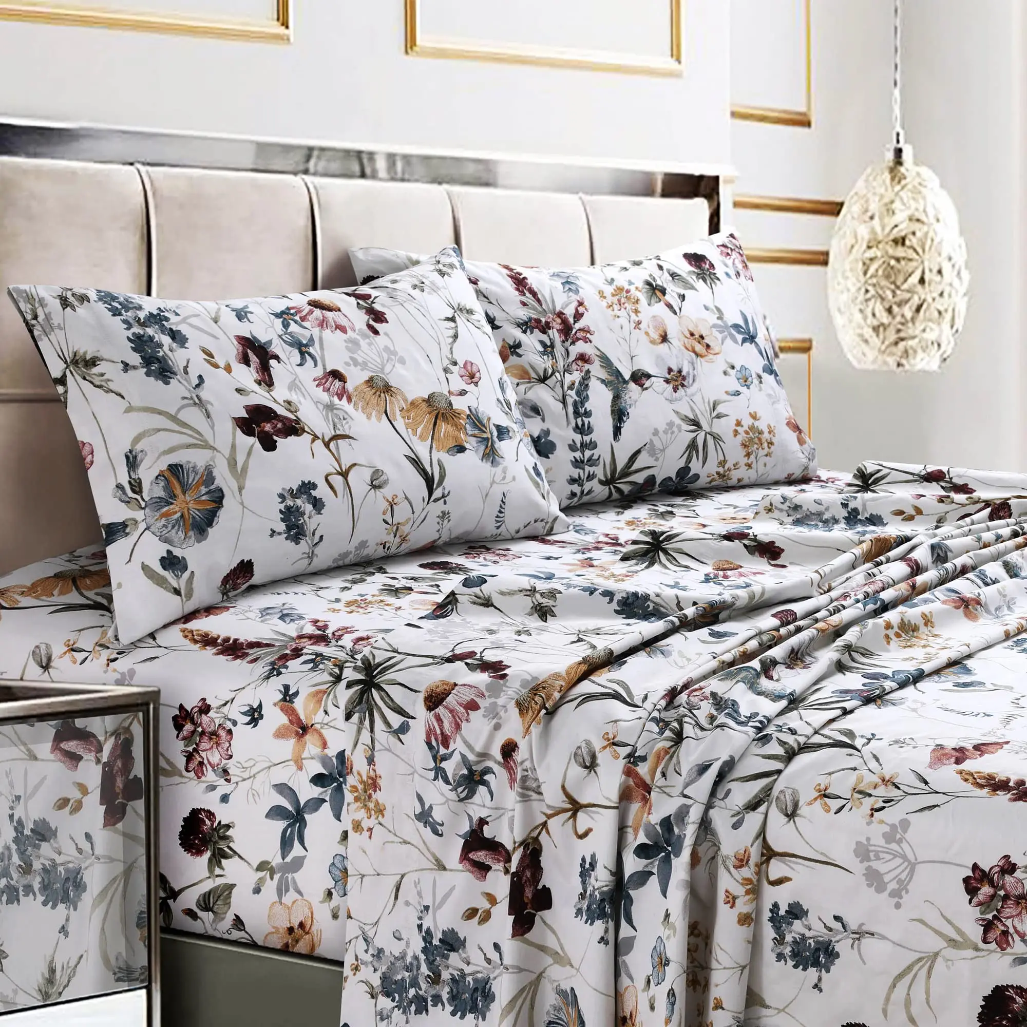 Tribeca Living Deep Pocket King Size Sheet Set - 300 Thread Count Cotton Sateen Sheets with 22" Extra Deep Pockets, Oeko-Tex Certified, 4 Piece Bedding Set in Amalfi Deep Red Print
