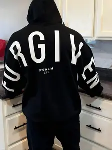 1 Pc Men's Minimalist Faith-Based Fitted Long Sleeves Hoodie, Faith Based Streetwear, Bold "FORGIVEN" Text, Graphic Hoodie, Unisex Pullover Hoodie, 2D Print