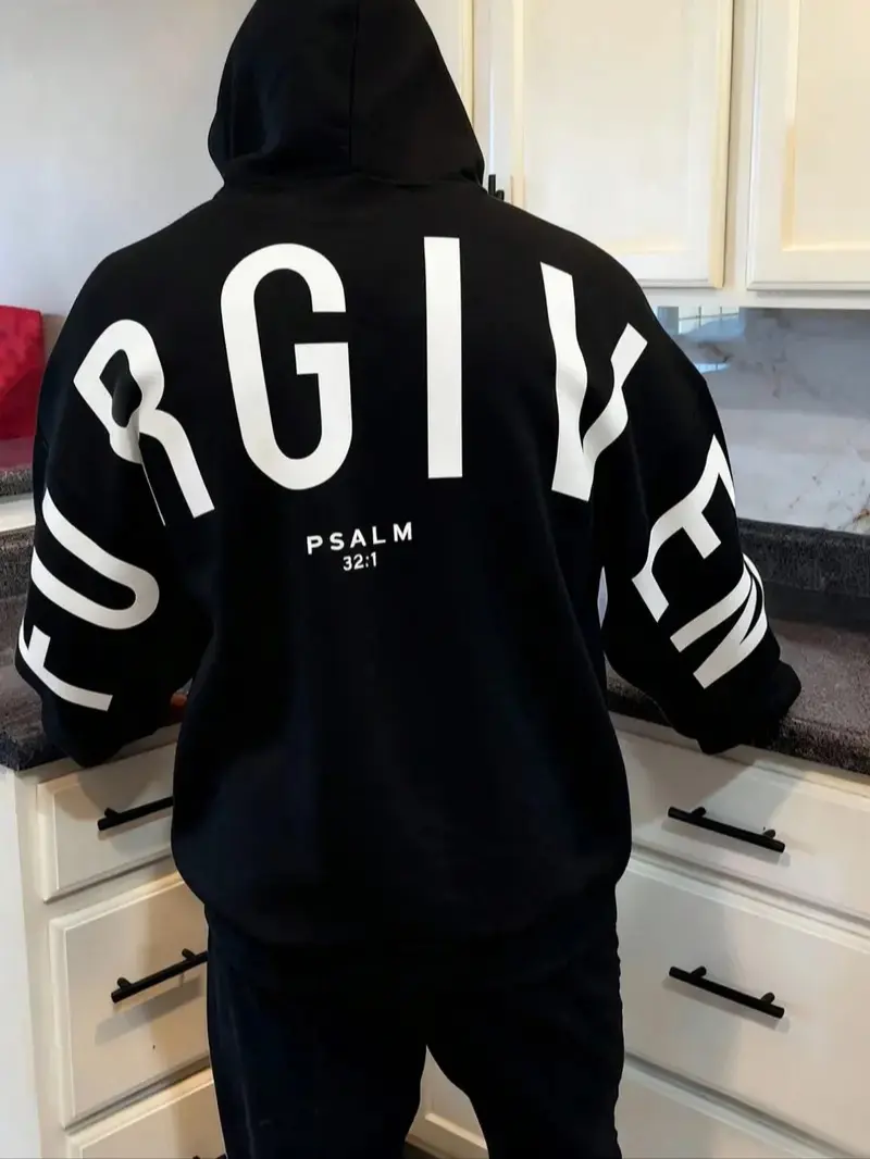 1 Pc Men's Minimalist Faith-Based Fitted Long Sleeves Hoodie, Faith Based Streetwear, Bold "FORGIVEN" Text, Graphic Hoodie, Unisex Pullover Hoodie, 2D Print