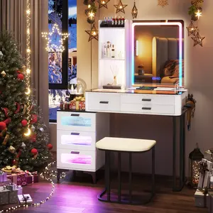 Lvifur Makeup Vanity Desk with Mirror Lights: Vanity Table with Wireless Charging Station Mobile Dressing Table with Glass Top Design & Hair Dryer Holder Girls Grey Vanity Gift for Bedroom,White