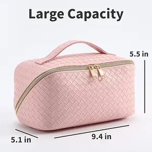 Pink Large Capacity Checkered Makeup Bags Portable Travel Cosmetic Bags Open-Flat Toiletry Waterproof Bag for Women Girls Make up Organizer with Divider and Handle Pouch Zipper Bag