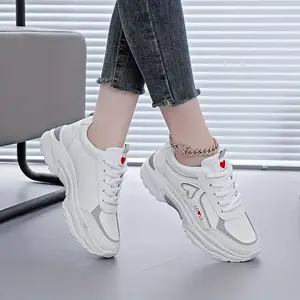 Women's Height-Increasing Thick-Soled Casual Sneakers - White Synthetic Fiber Upper, Gray Accents and Red Heart Details, Comfortable TPU Outsole, All-Season Walking Shoes, Fashionable Women's Shoes, Wear-Resistant Non-Slip Shoes Footwear Trainer Runner Tr