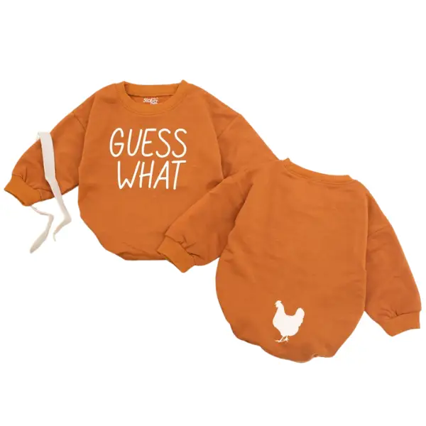 STAFAZ Guess What Chicken Butt Baby Romper - Funny Orange Bodysuit with Chicken Graphic Gender Neutral Baby Shower Gift Double Sided Design Perfect fo