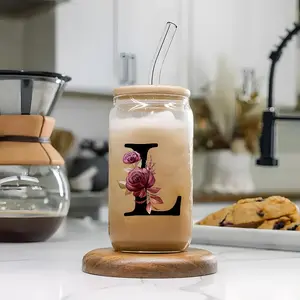 Letter & Flower Pattern Glass Cup, 1 Count 16oz Reusable Creative Iced Coffee Cup with Bamboo Lid & Straw, Drinking Cup for Home Office, Drinkware
