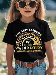Individualistic round-neck short-sleeved shirts for Boy and girl 🔥   Childhood Cancer Awareness T-Shirt - In September We Wear Golden Rainbow Design with Ribbon & Snake Graphic, Short Sleeve Round Neck Casual Top for Boys & Girls, Comfortable Casual Attir