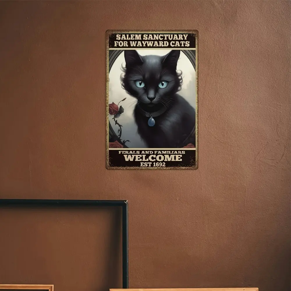 Gothic Decor Salem Black Cat Sign Halloween Decor Goth Room Wall Vintage Posters Whimsigoth Home Kitchen Decor Witchy Metal Sign