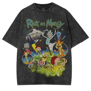 Rick and Morty Vintage Washed T-Shirt, TV Show Double Printed Oversized Heavyweight Cotton Graphic Tees T-Shirts, Carton Movie Shirt, Casual Menswear