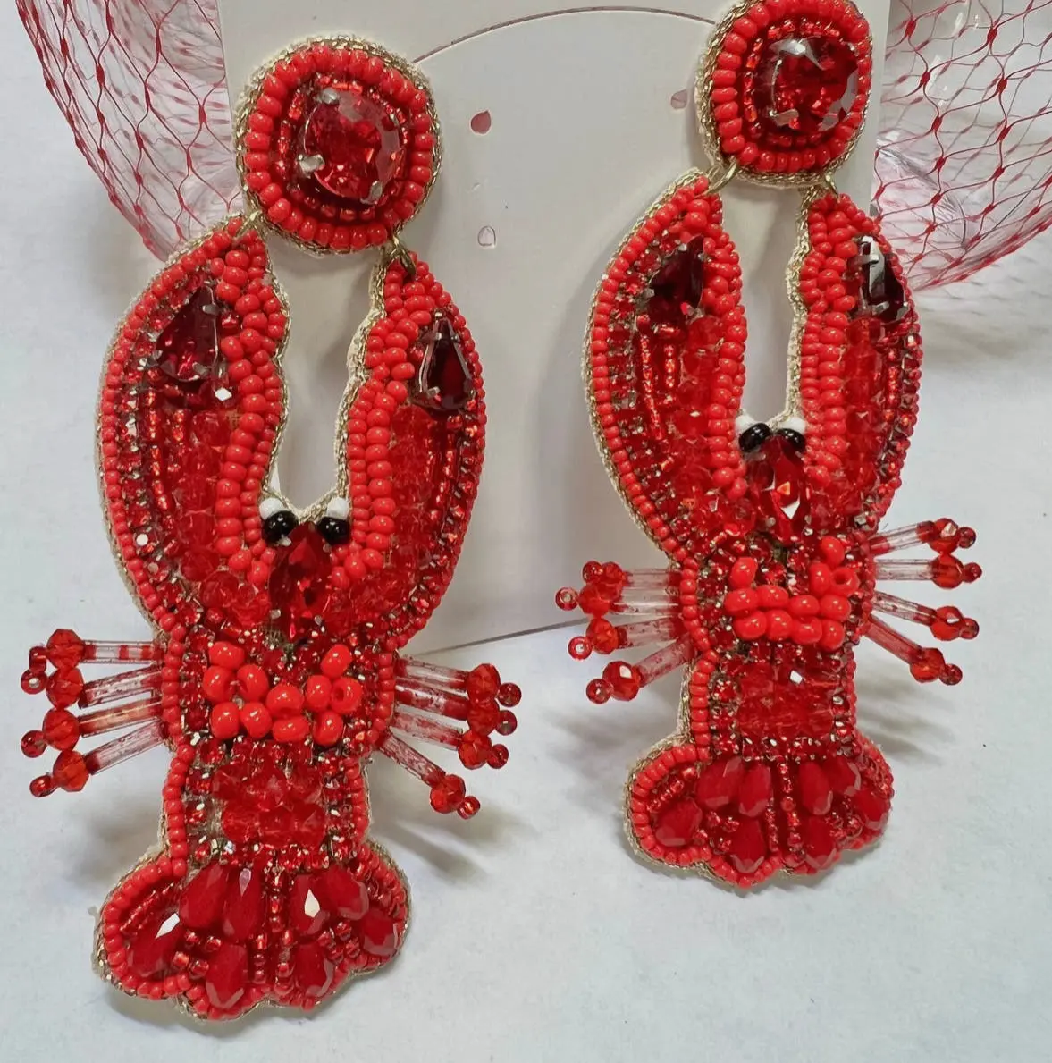 Beaded Crawfish Earrings - Red Crawfish Design with Beads and Details - Animal Inspired Jewelry