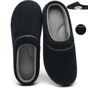 Unisex Memory Foam Slippers with Arch Support - Indoor/Outdoor Corduroy House Shoes, Two-Tone Embroidered Pull-On for Men and Women Non-Slip Spa Mules