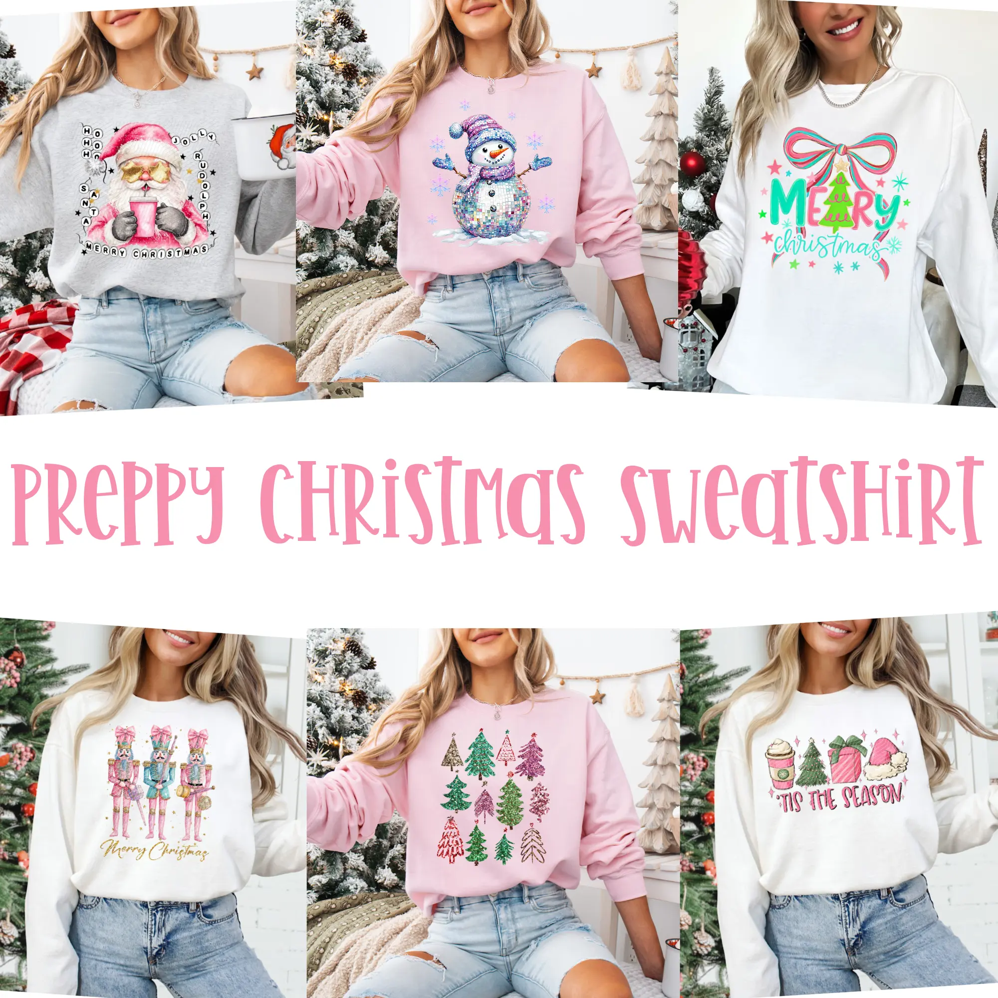 Women's Classic Preppy Christmas Long Sleeve Round Neck Hoodie - Soft Sweatshirt in White, Pink, Sand, Light Gray for Winter Casual Wear, Tops to Match Jeans