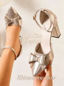 Women's Rhinestone Bow Ankle Strap Block Heels, Plus Size Elegant Pointed Toe Pumps, PU Leather, Rubber Sole, All Seasons, Prom Wedding Party