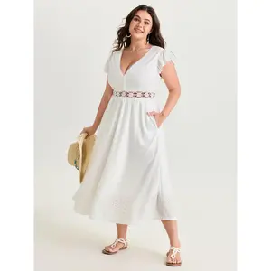 BLOOMCHIC Plus Size Eyelet Trim Cut-Out Waist Midi Dress [M-6X]2026 Summer Vibes Swimweek