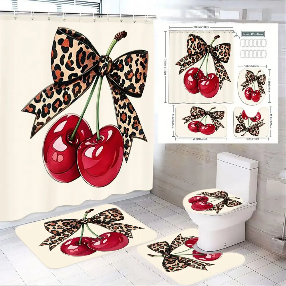 1/4pcs Leopard Print Cherry Bathroom Set, Beige Printed Shower Curtain Sets with Glossy Red Cherries, Matching Bath Mats & Toilet Cover - Playful Bold Design for Spring, Easter Decor, Modern Bathroom Upgrade, Bathroom Supplies