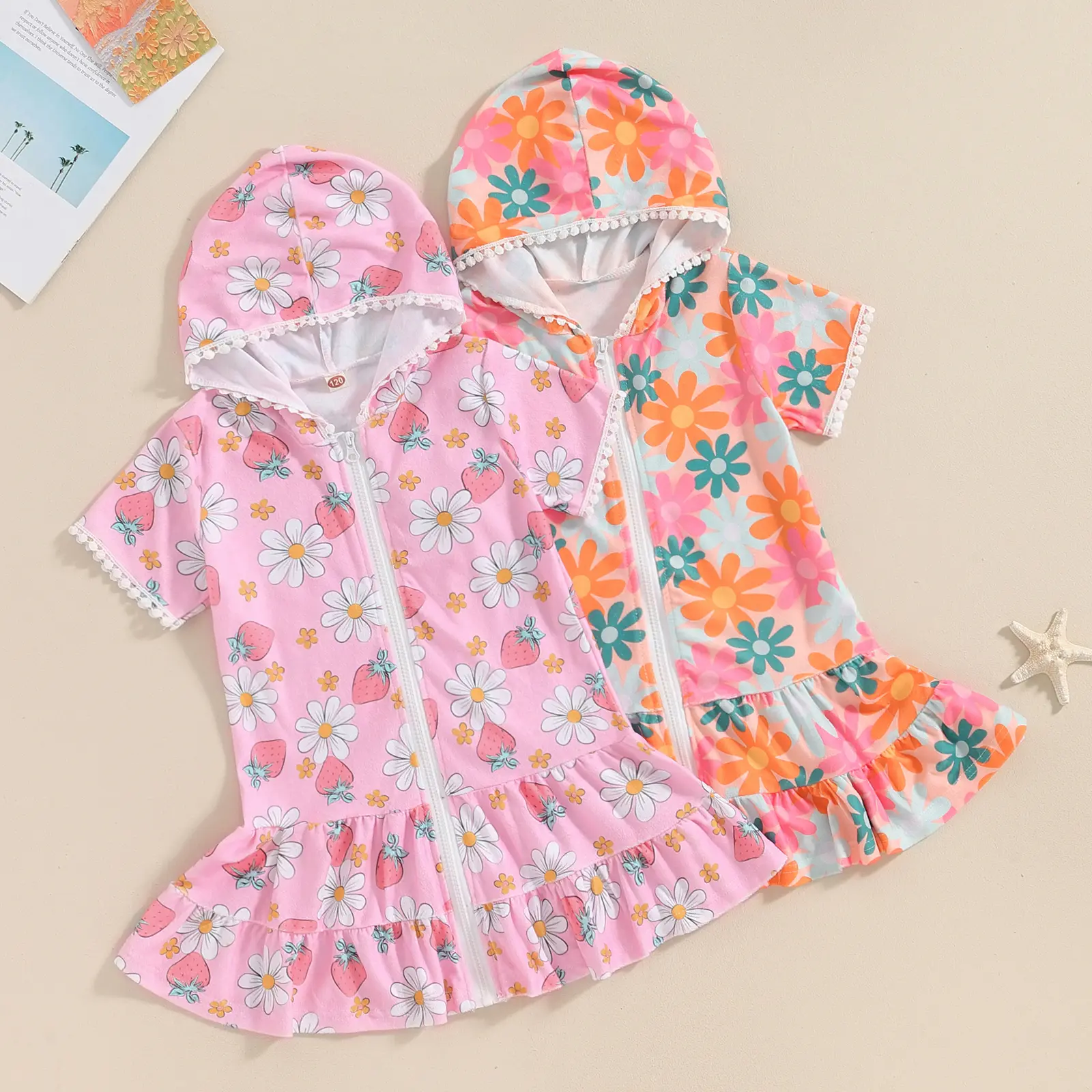 Girls Hooded Zip Terry Coverups Swimsuit Kids Baby Girl Floral Print Short Sleeve Swim Cover-Up Swimwear