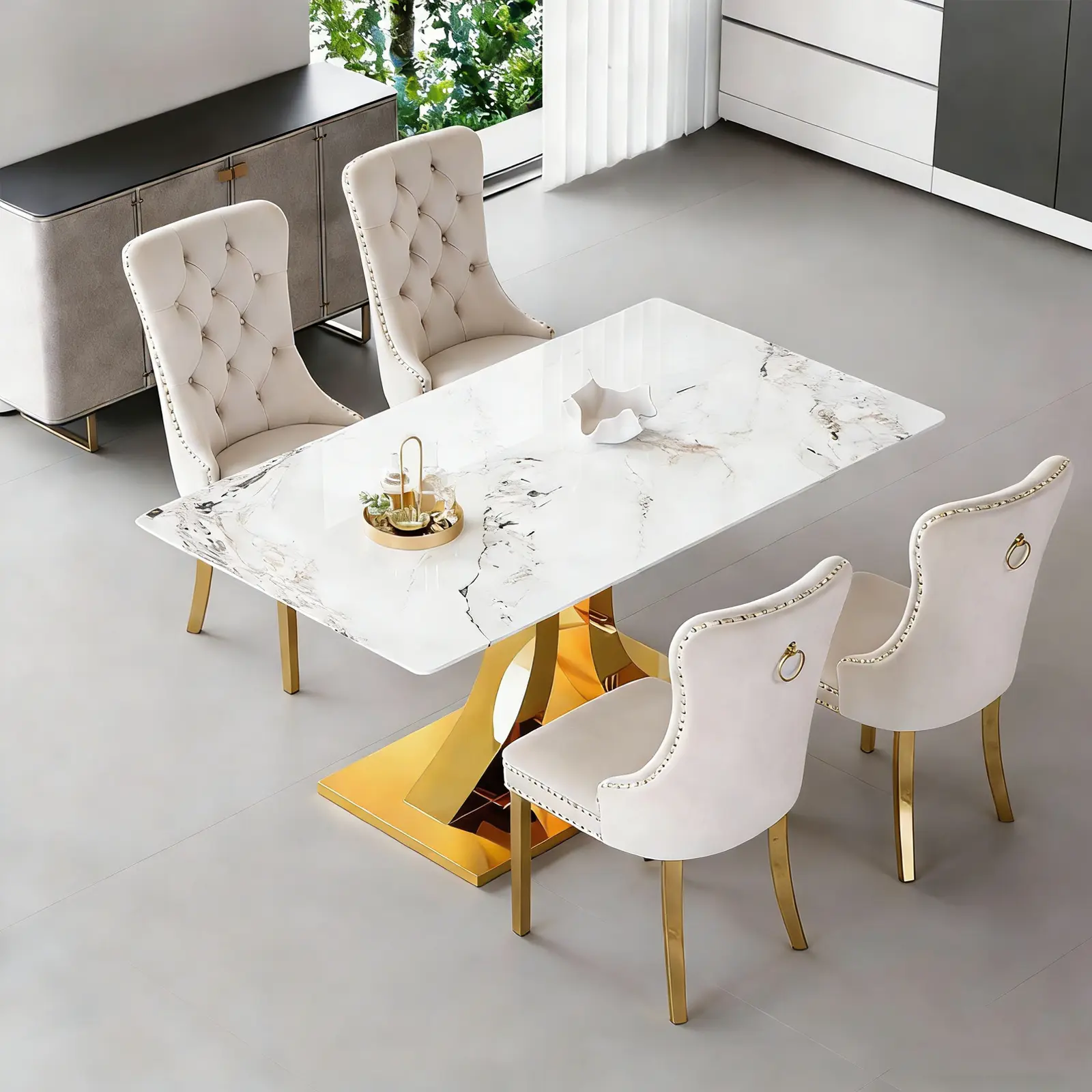 1 Table+4 Beige Golden Metal Legs Chairs