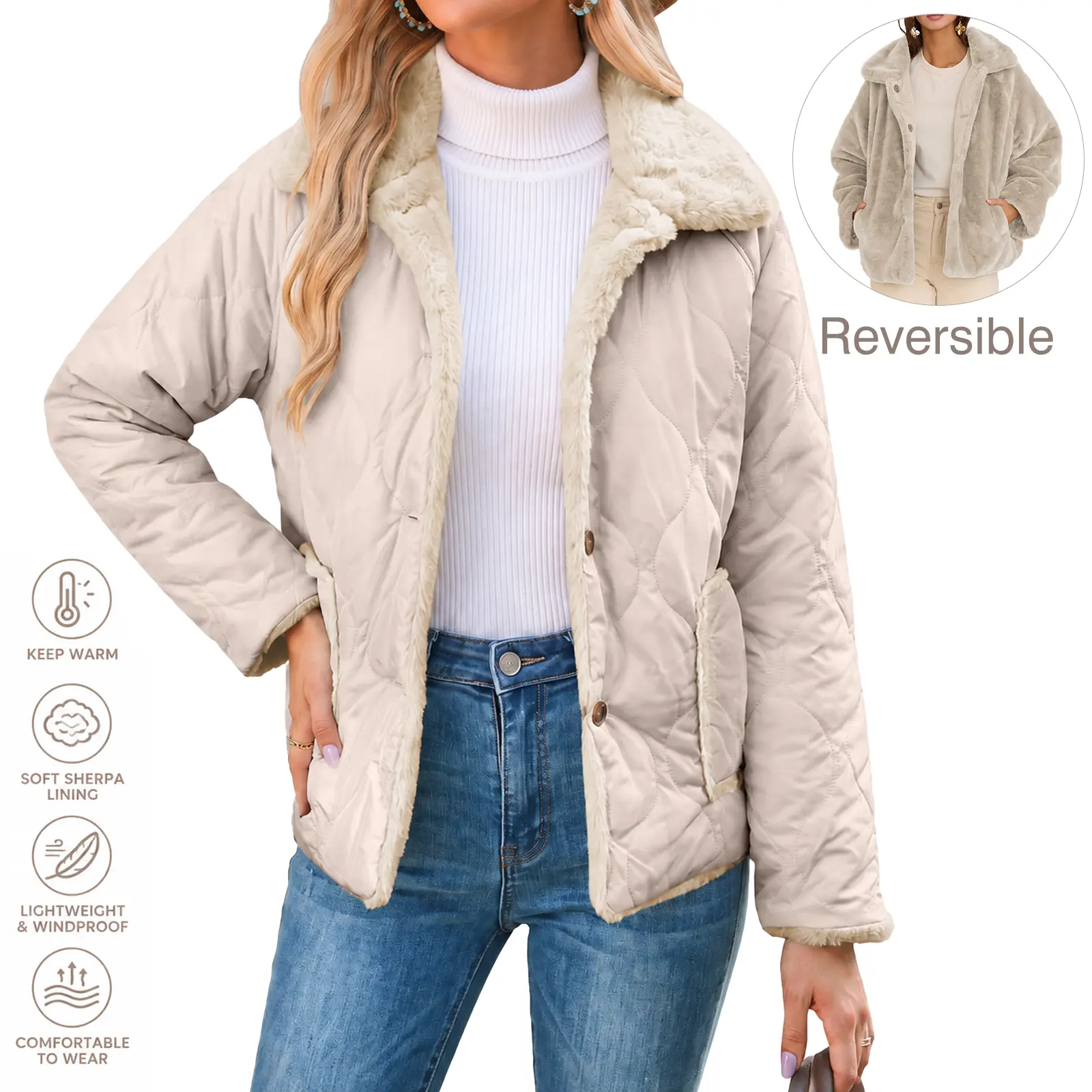 Women’s Reversible Puffer Jacket, 2-in-1 Long Sleeve Warm Coat with Collar & Pockets, Loose Fit Casual Winter Outerwear for Everyday Wear