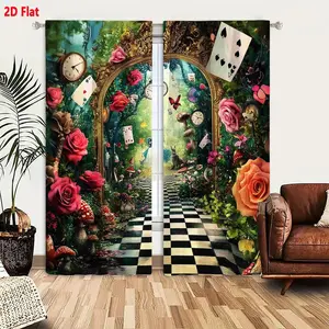 2D Flat   Alice in Wonderland Inspired Black and White Checkered Path Curtain Set, Pink Roses & Mushroom Decor, Grand Golden Archway Design, 2-Piece Window Curtains for Magical Living Room Bedroom