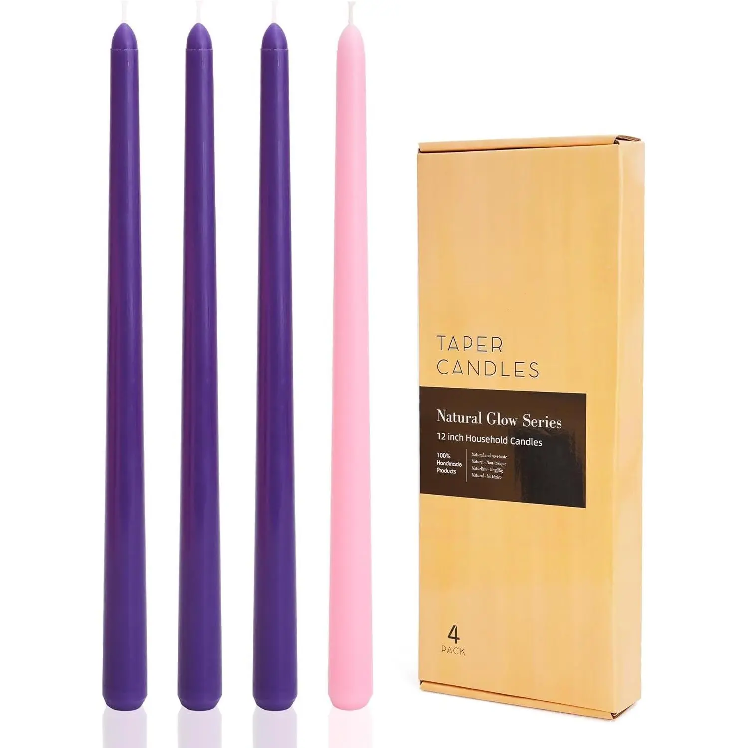 Taper Candles 12 Inch Purple and  Set of 4 Unscented, Dripless,  Tapered Candlesticks for Church and Celebrations