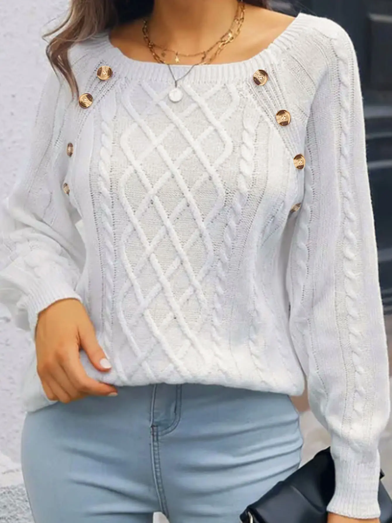 Sweaters for Women Oversized Crewneck Long Sleeve Casual Knit Pullover in Cable Knit Pattern, Solid Color, Fashionable & Elegant Tops White cardigan Skirts Drop Shoulder