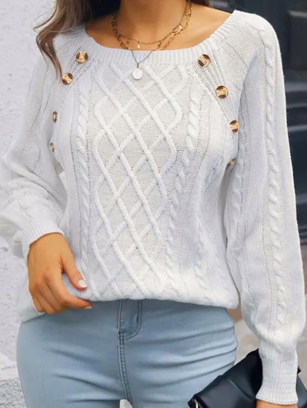 Sweaters for Women Oversized Crewneck Long Sleeve Casual Knit Pullover in Cable Knit Pattern, Solid Color, Fashionable & Elegant Tops White cardigan Skirts Drop Shoulder