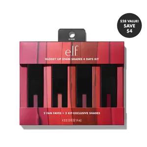 e.l.f. Glossy Lip Stain Shades 4 Days Kit, 4 Long-Lasting Lip Stains in 2 Fan-Fave & 2 Kit-Exclusive Shades for Long-Lasting Color 4mL e.l.f. Glossy Lip Stain Shades 4 Days Kit, 4 Long-Lasting Lip Stains in 2 Fan-Fave & 2 Kit-Exclusive Shades for Long-Lasting Color 4mL