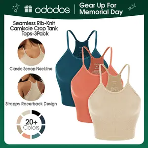 ODODOS Women's Crop 3-Pack Seamless Rib-Knit Camisole Long Crop Tank Tops
