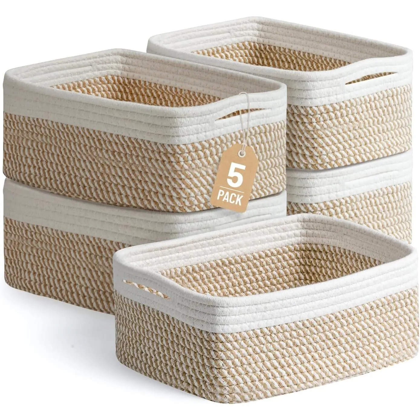 5 Pack Small Woven Storage Baskets for Shelves, Cotton Rope Baskets Organizer for Bathroom, Closet & Nursery, Decorative Storage Bins for Organizing Socks, Toys, 11.8"x7.9"x4.7", Khaki/
