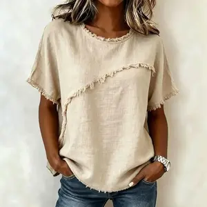 Women Crew Neck Short Sleeve Top, 2026 New Raw Edge Panel Tee, Loose Fit Summer Casual Blouse, Y2K Minimalist Everyday Basic, Versatile Streetwear for Daily, Shopping & Outdoor