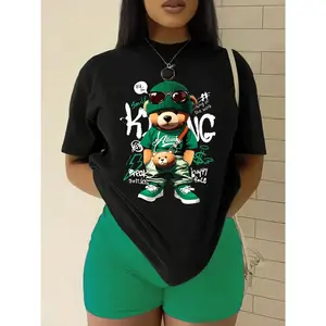 Women'S Casual Bear Graphic T-Shirt, 100% Cotton Knit Fabric, Crew Neck Short Sleeve Top, Regular Length, Alphabet Pattern, All Season Wear