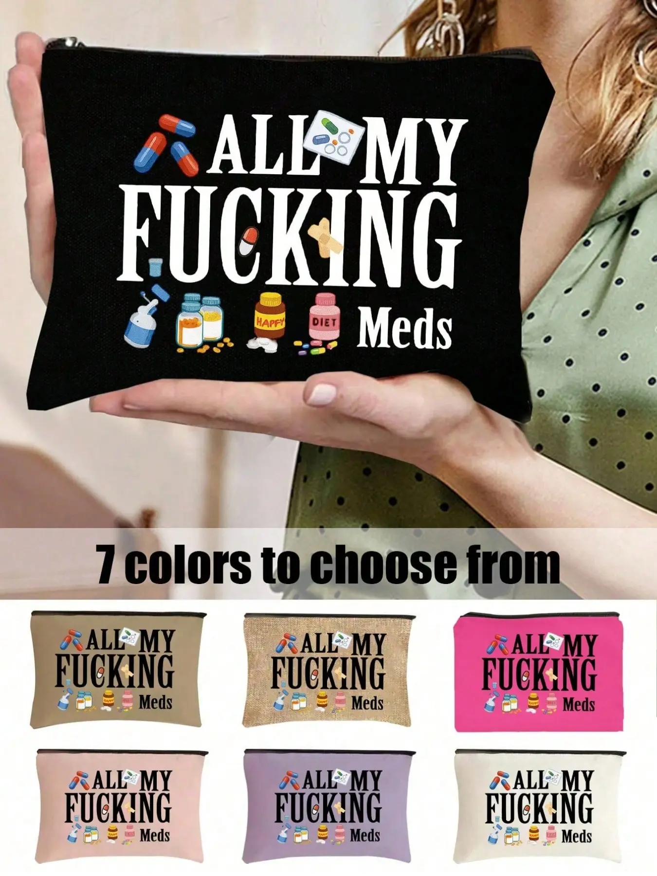 Humorous 'All My' Canvas Pill Storage Bag - with Zipper. Portable multi-layer pill pouch, compact pill organizer and first aid kit, essential for daily/outdoor/travel medication storage, ideal for health-conscious and frequent travelers.