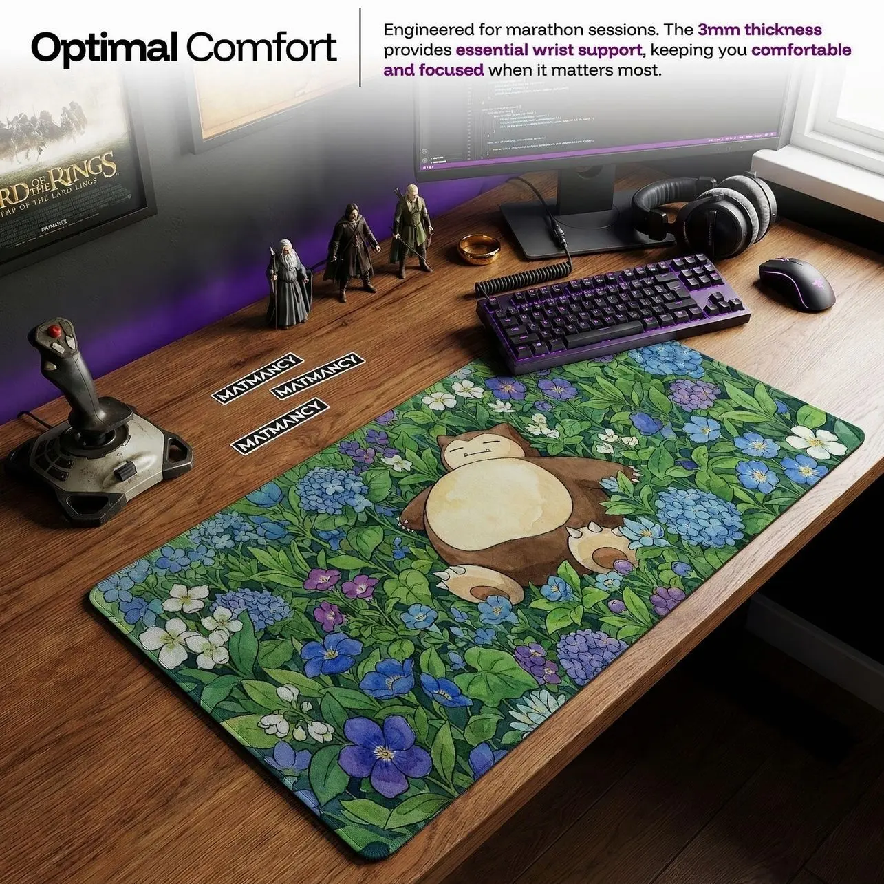 Snorlax Floral Garden Desk Mat and Mouse Pad, Watercolor Sleeping Pokemon Chair Mat for Cozy Desk Setup Ece Ünal