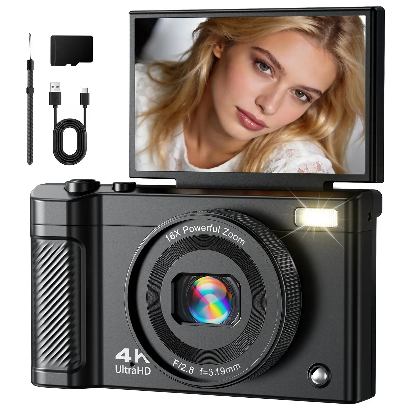 Compact Digital Camera for Children 13MP CMOS Sensor 32G SD Card 4K Video Recording 3.0 TFT LCD Screen 16X Zoom 2000mAh Battery USB Type-C Charging