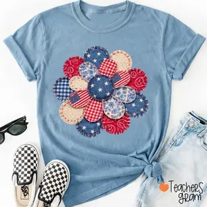 Faux Patchwork American Flag Flower Teacher T-Shirt