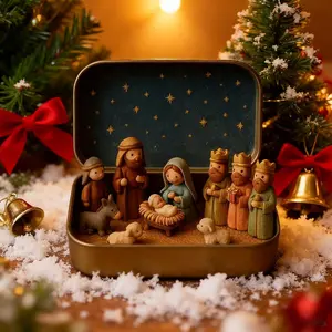 Handmade Miniature Christmas Nativity Set in Tin Box - Portable Pocket-Sized Resin/Fabric Manger Scene with Mary,, Jesus, Shepherds & Animals Figures - Hand-Painted (when available) for / Nativity Play & Christmas Religious Ornaments