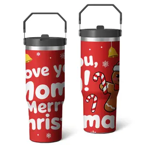 Stainless Steel Travel Tumbler Red Christmas Gingerbread Man Candy Cane Snowflake Love You Mom Merry Christmas Design Holiday Gift For Mom