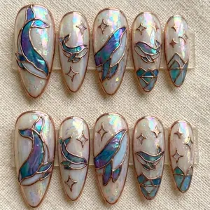 Ocean Whale Stained Glass Press On Nails, Crystal Opal Nail Art, 3D Rose Gold Nails, Gel Faux Acrylic Nails, Reusable Full Cover Nail Set