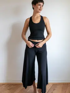 Paris Wide Leg Gaucho Pants, Flared Leg Culottes with Fold Over Waistband in Black