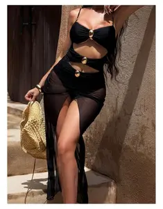 Bikini Swimsuit for Women 3 Piece - Black Hollowed Metal Detail Swimwear with Chiffon Skirt - Sexy Beach Bathing Suit - Summer Vacation Outfits