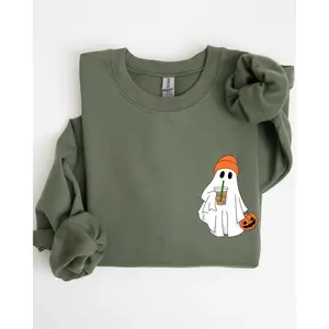 Cute Skater Ghost, Pocket Print, Halloween, Coffee, Trick or Treat Sweatshirt