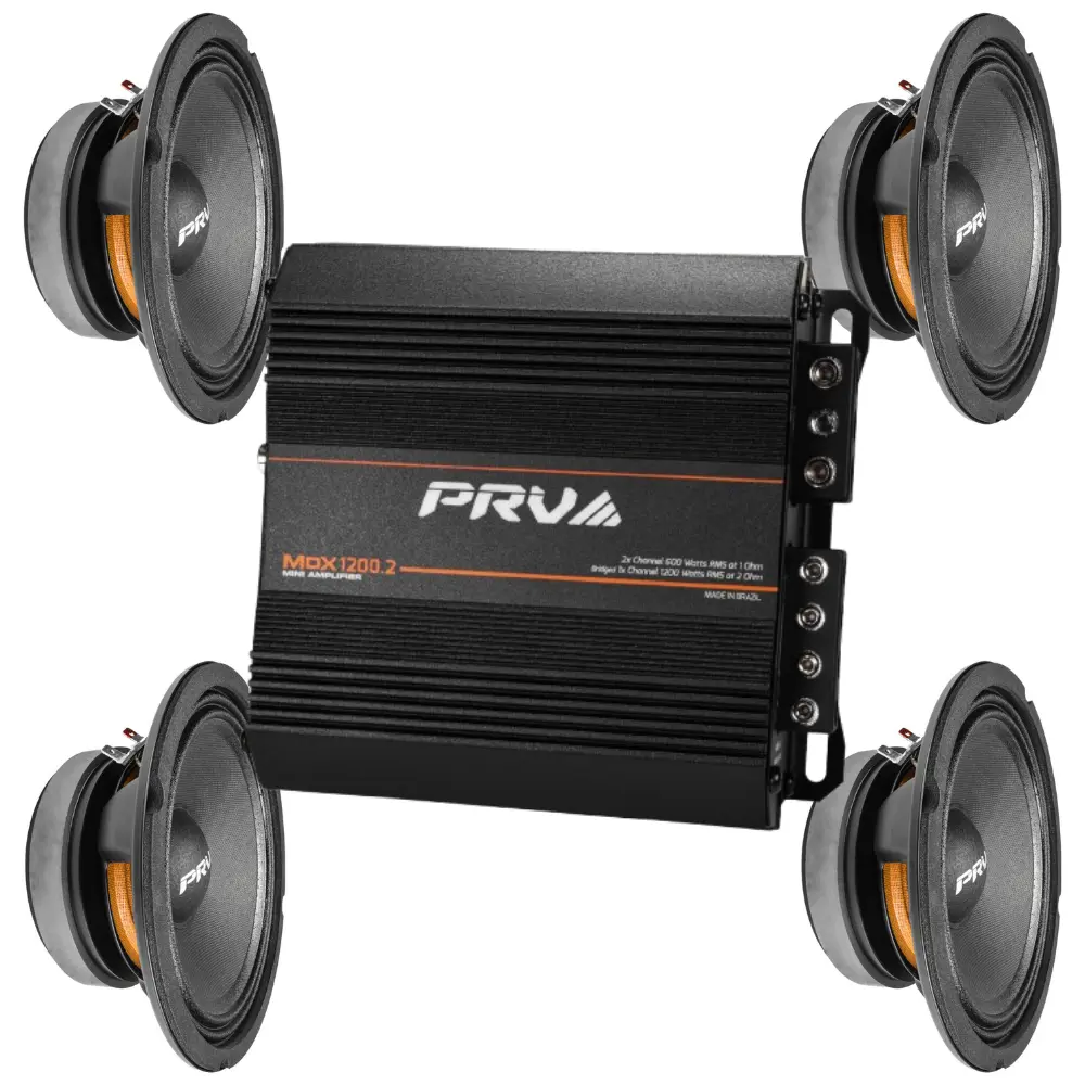 PRV Audio Bundle 4x 6MB200-4 v2 6.5" Midbass Loudspeaker 1x MDX1200.2 1 Ohm Mini 2-Channel 1200W RMS Amplifier