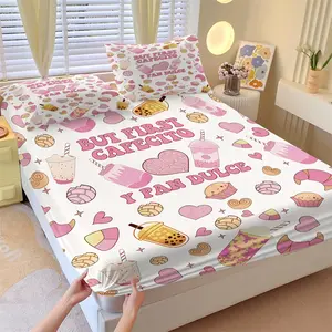 Latino Comfort Style Flavor Pink Fitted Sheet Set and 2 Pillowcases, White Base Color, Sweet Dessert Pattern & Eye-Catching Spanish Text, Soft Non-Slip Wrinkle Resistant, Sweet Aesthetic Bedroom Decor Gift