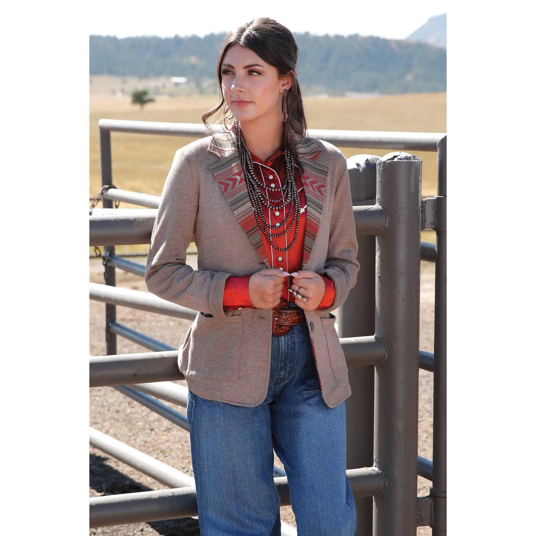 Women's Tailored Western Style Blazer in Soft Stone Fabric | Single-Button Jacket with a Flattering Fit & Printed Lining, Cowgirl, Piece, Elegant, Longsleeves, Classic, Evening, Lapel