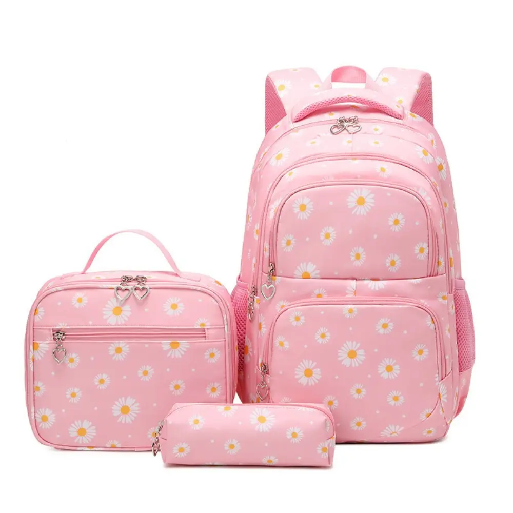 3Pcs Pink Daisy Floral Print Backpack Set for Teen Girls Women, Large Capacity Lightweight Breathable Water Resistant Student Backpack, Multi-Compartment Casual Daypack Complete Combo with Insulated Lunch Bag & Matching Pencil Pouch for School Travel Dail