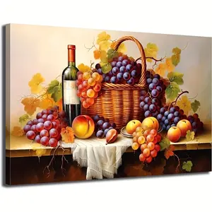 Vintage Wine & Grape Canvas Wall Art - Rustic Farmhouse Kitchen Decor, 12x18" Frameless Fruit Painting for Restaurant and Bar, Perfect for Room Decor