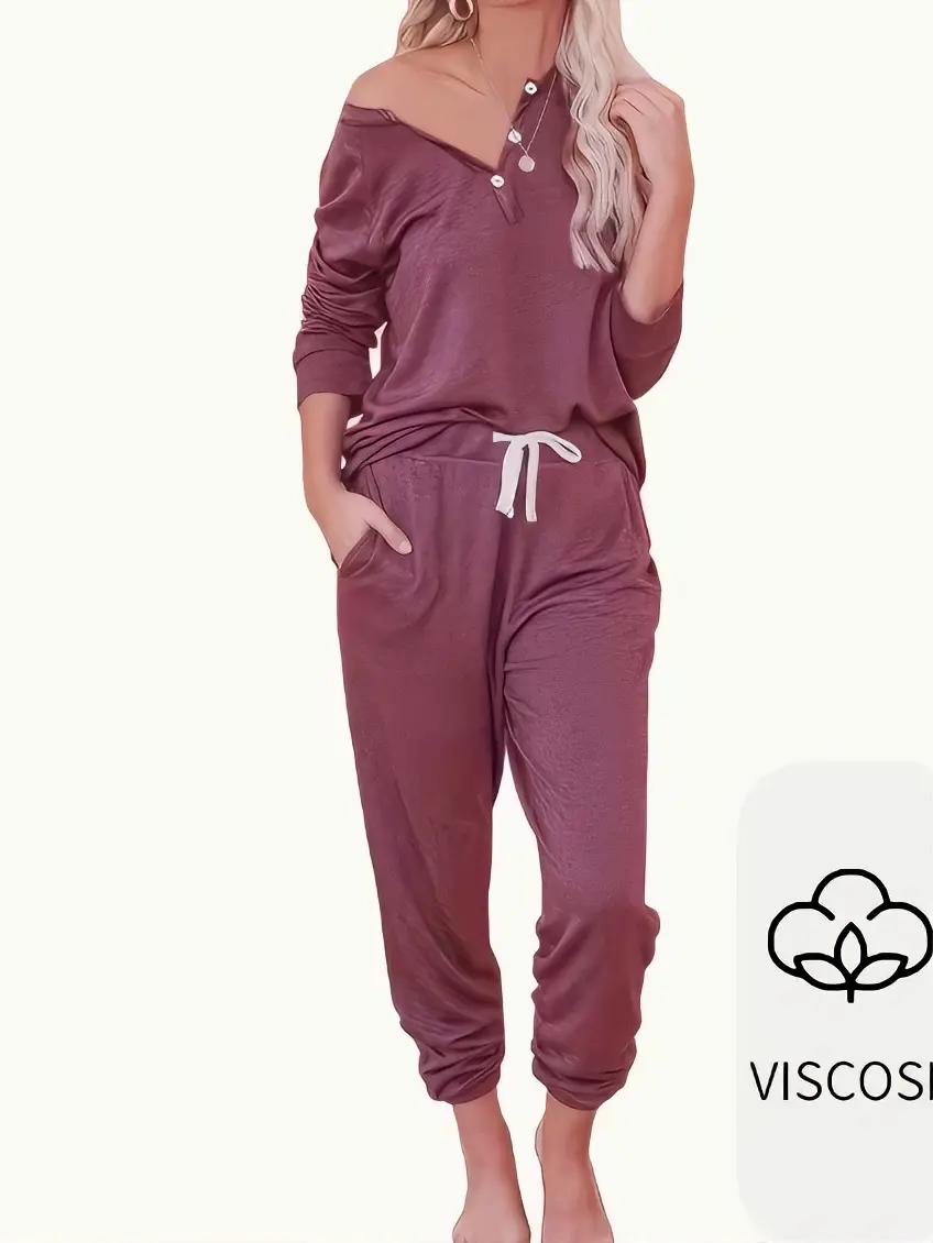 Women's Viscose Loungewear 2 Piece Outfit Long Sleeve Henley Button Top Drawstring Jogger Pants With Pockets Soft Casual Pajama Set For Home Sleep Daily Relax