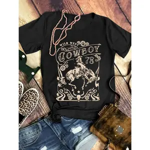 Women'S Cowboy Graphic T-Shirt - Casual Crew Neck Short Sleeve Tee with "GROWBOY" Design, Beige Summer Top for Western Style Outfits, Western T Shirts Womenswear Tshirt Streetwear Crewneck